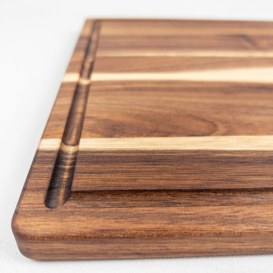Wooden cutting board with a visible grain pattern on a white background