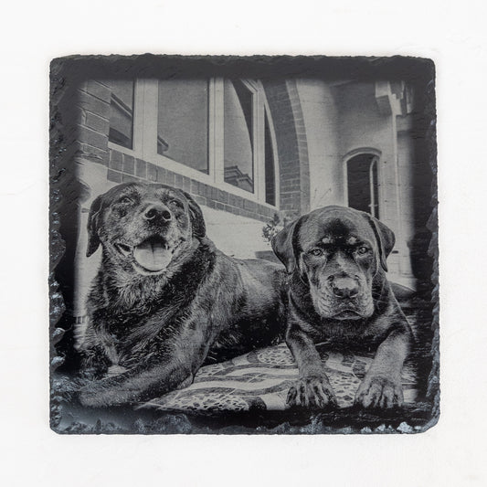 VIVERA custom engraved slate photo plaque featuring two senior dogs relaxing outside a house, personalized pet memorial slate Spain