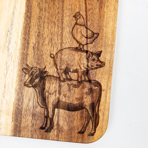 VIVERA acacia chopping board with farm animal stack engraving cow pig chicken, rustic laser engraved kitchen board gift