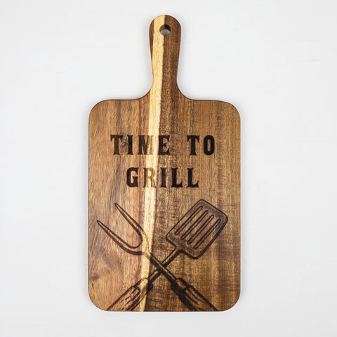 VIVERA acacia paddle board laser engraved grilling tools with phrase “Time to Grill,” BBQ chopping board personalized gift
