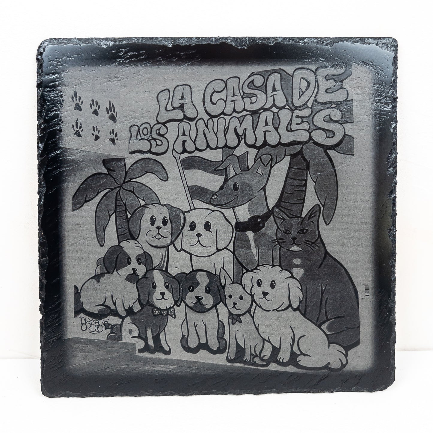 VIVERA custom laser engraved slate photo tile featuring detailed pet portrait, personalized photo engraving on natural slate, handmade in Spain, perfect for unique pet memorial or keepsake gift.