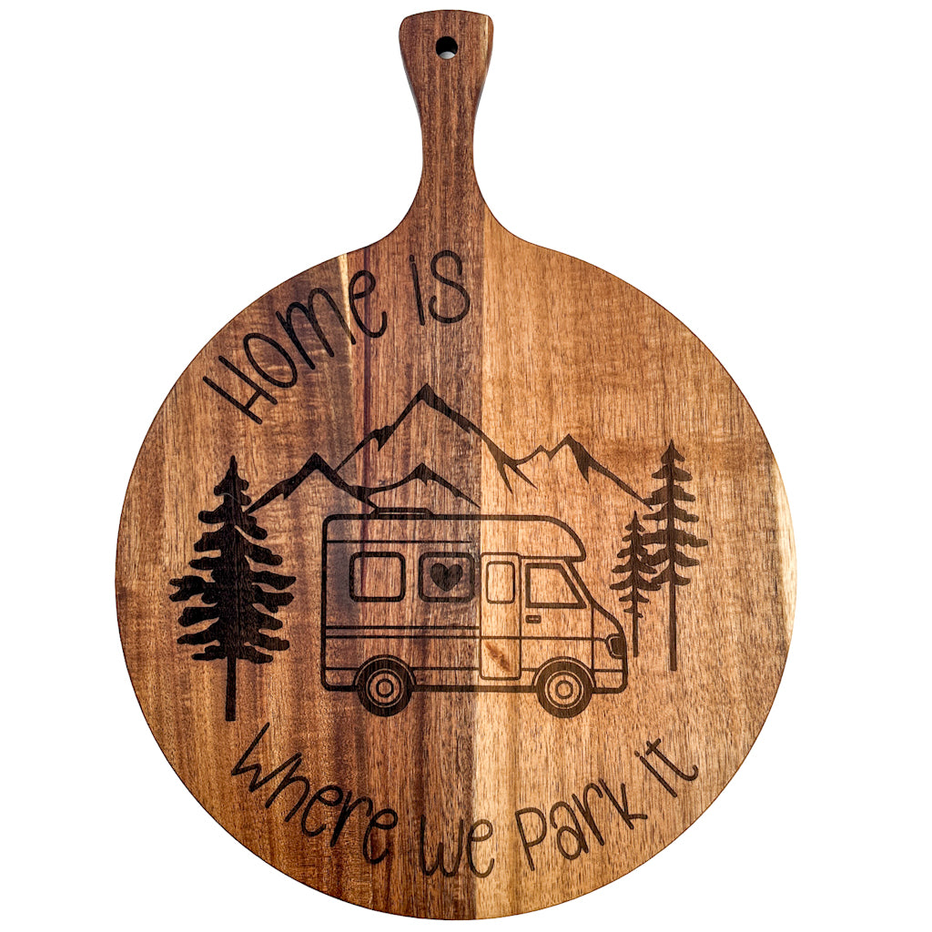 "Home Is Where We Park It” Engraved Round Serving & Cutting Board – 30cm | DUNA