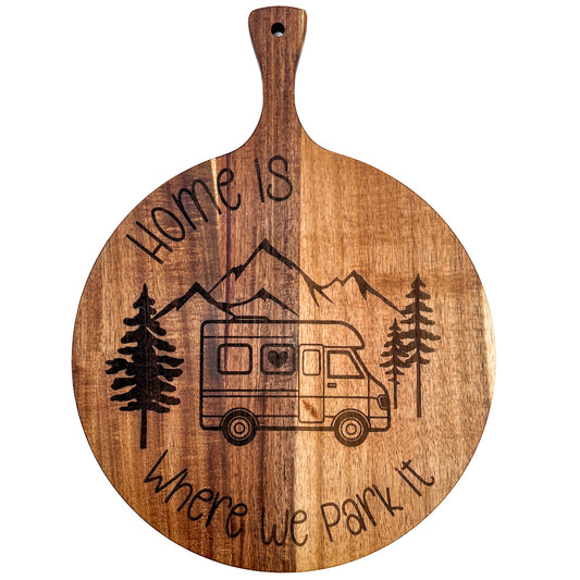 "Home Is Where We Park It” Engraved Round Serving & Cutting Board – 30cm | DUNA