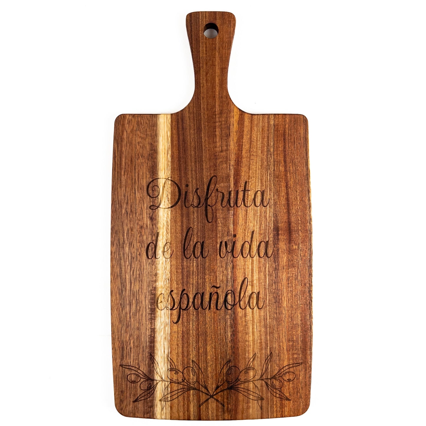 Wooden cutting board with engraved Spanish text on a white background. Acacia wood laser engraved charcuterie board and serving board handmade in Spain 