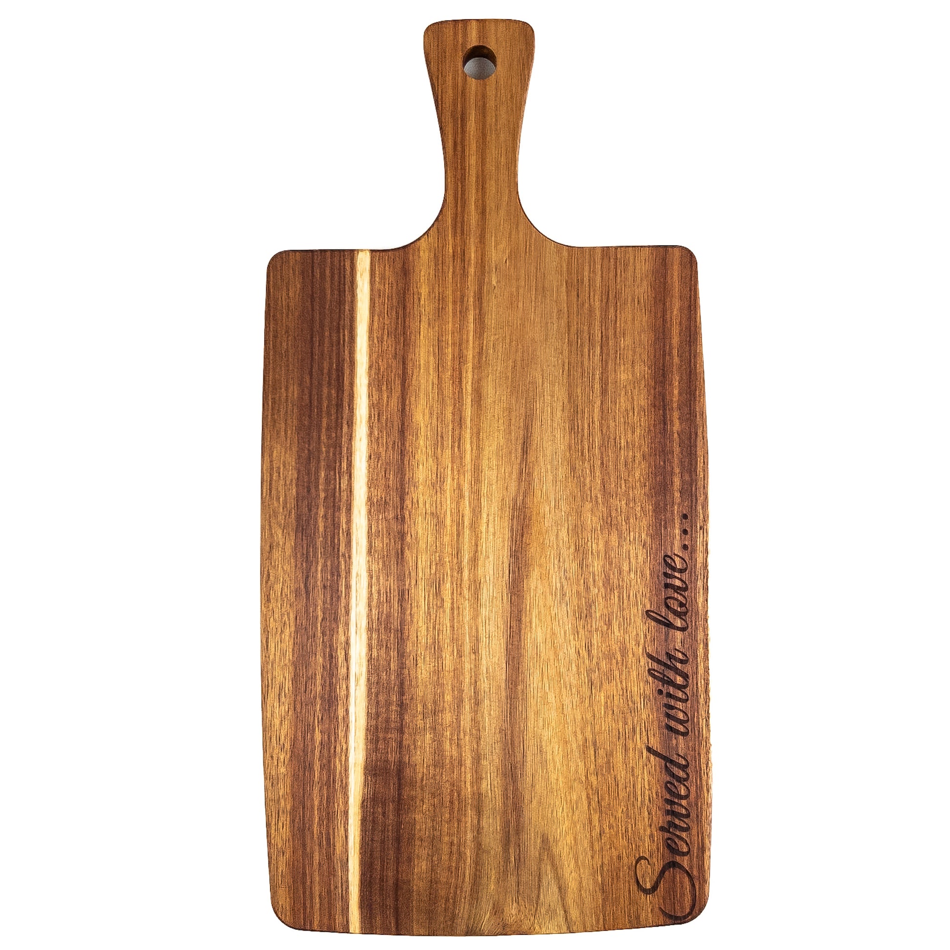 Wooden cutting board with 'Served with love' engraving on a white background. Acacia wood laser engraved charcuterie board and serving board handmade in Spain 