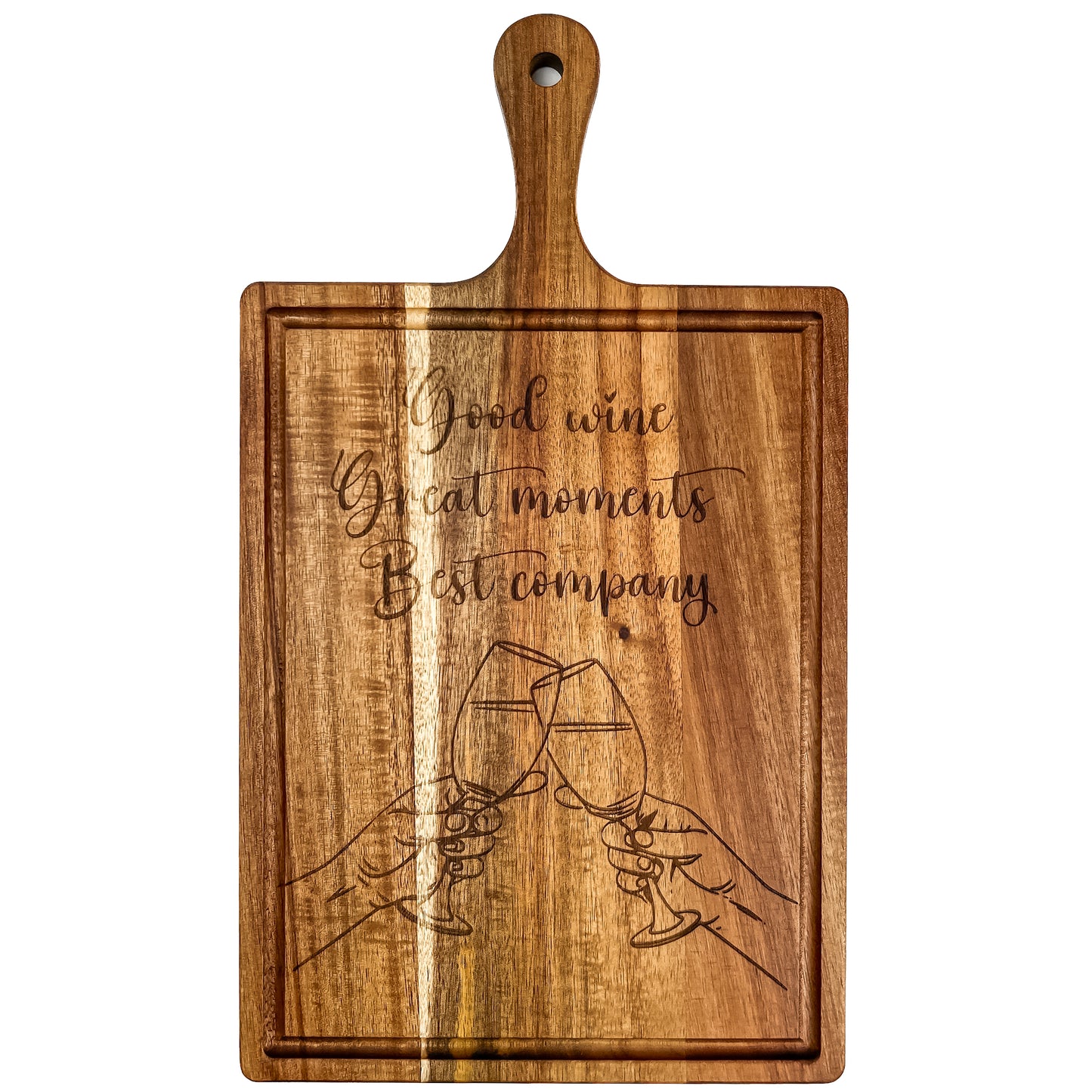 Wooden cutting board with engraved text and wine glass design on a white background. Acacia wood laser engraved charcuterie board and serving board handmade in Spain 