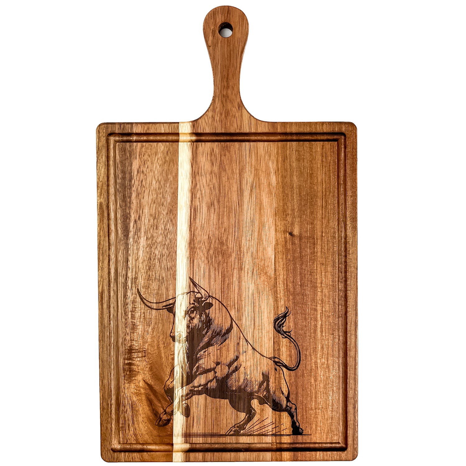 Wooden cutting board with a engraved bull design on a white background
