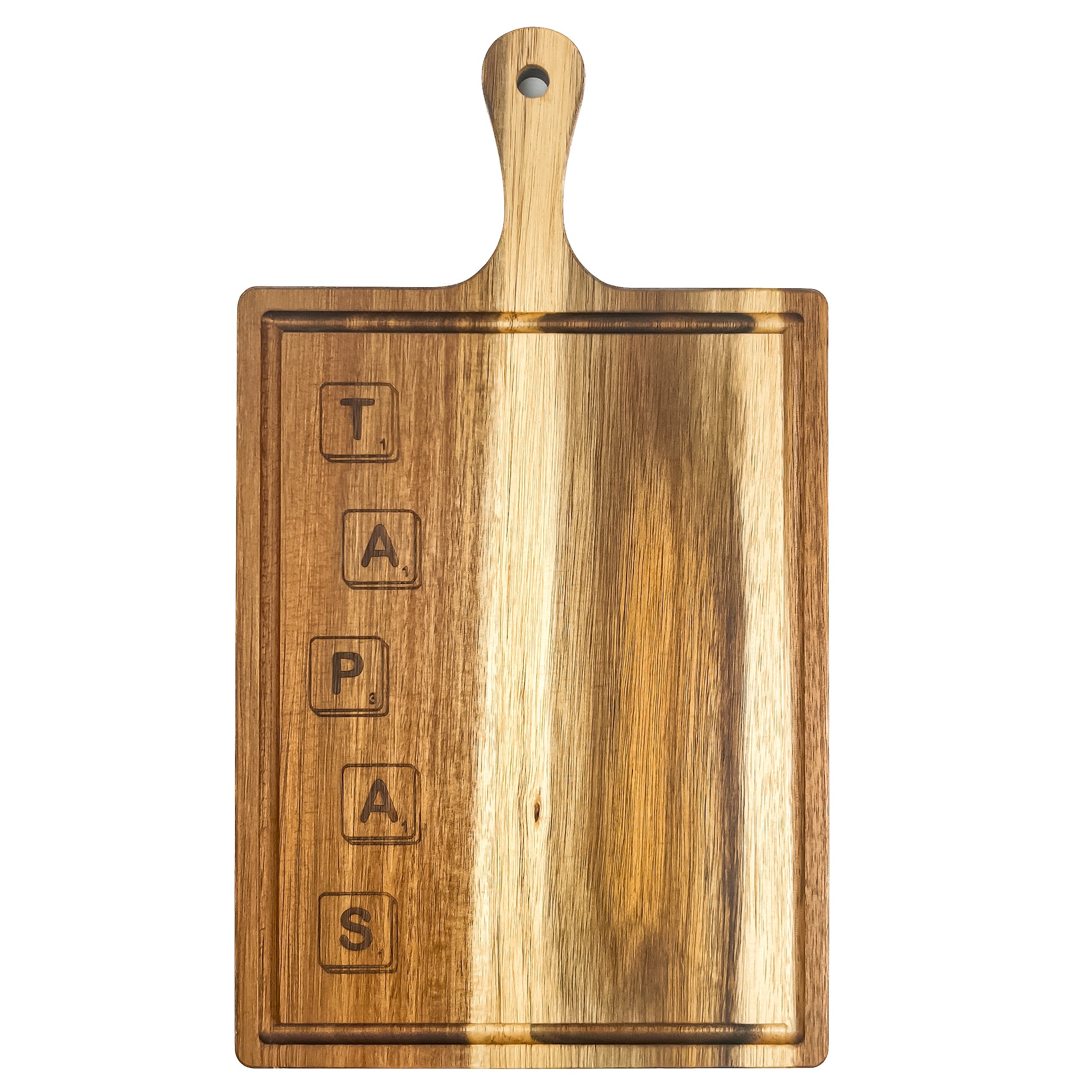 Wooden cutting board with 'TAPAS' engraved on a white background
Acacia wood laser engraved serving board handmade in Spain 