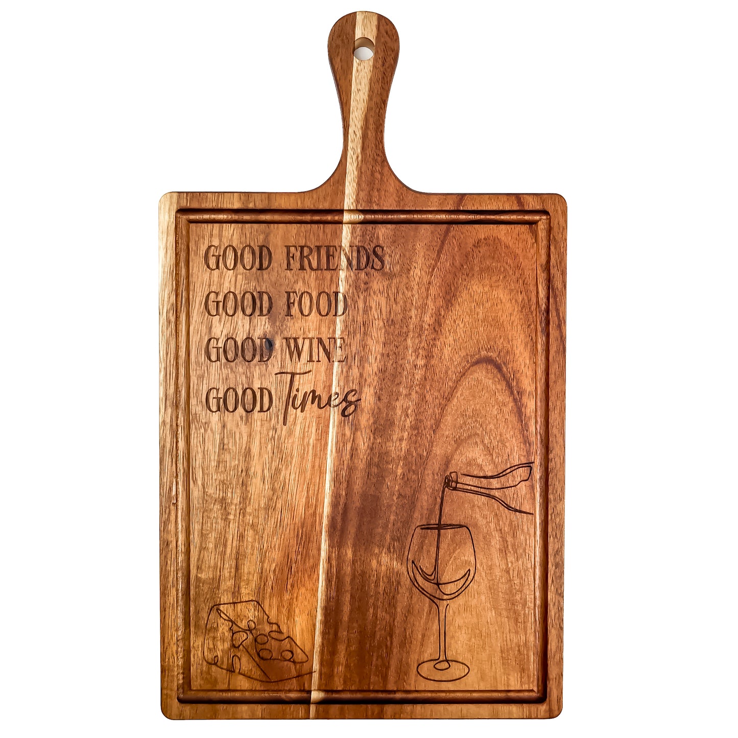 Wooden cutting board with engraved text and wine glass design on a white background