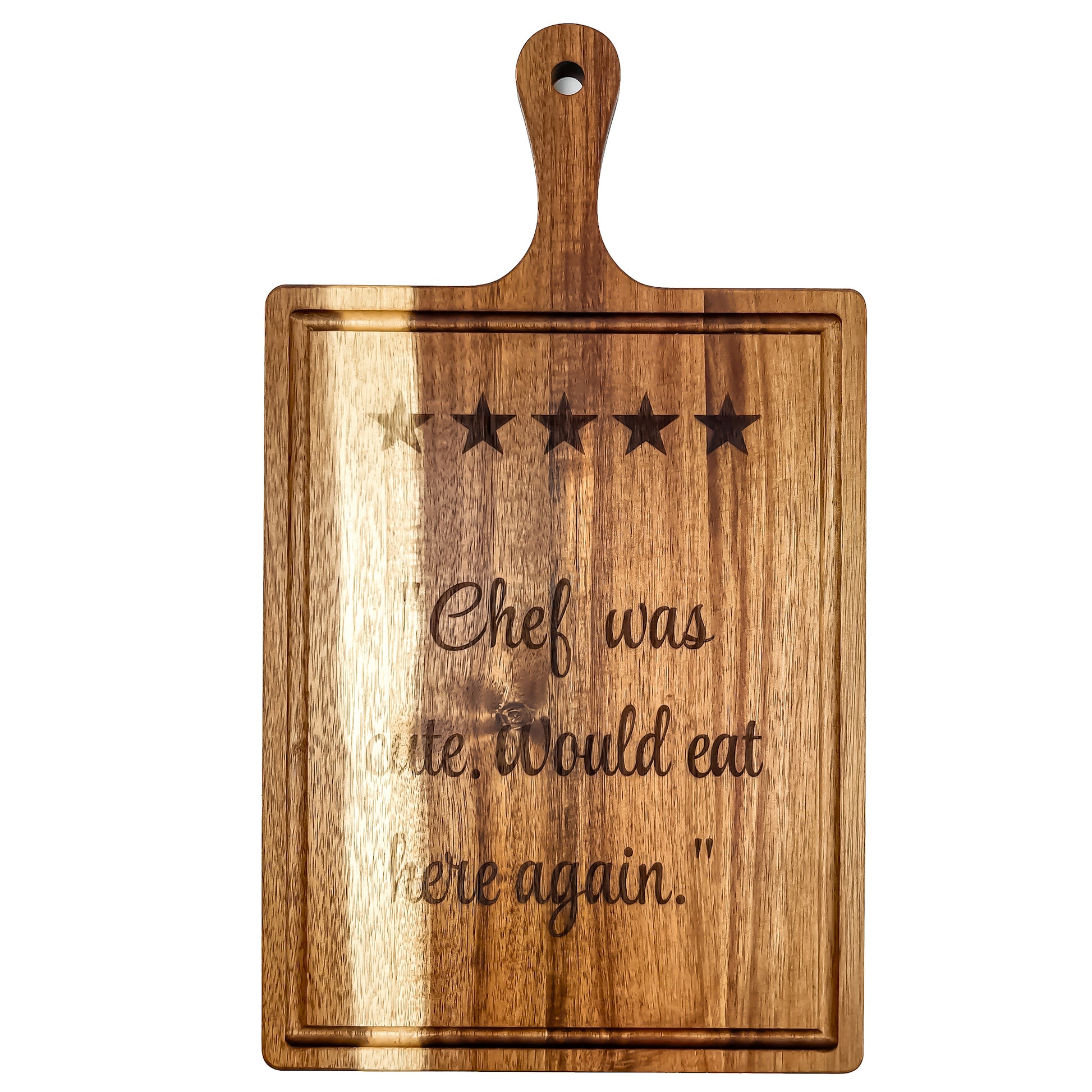 Wooden cutting board with engraved text and star ratings on a white background. Acacia wood laser engraved serving board handmade in Spain 