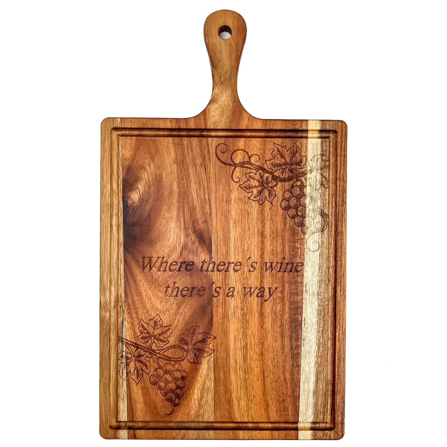 Wooden cutting board with engraved text and floral designs on a white background. Acacia wood laser engraved charcuterie board and serving board handmade in Spain 