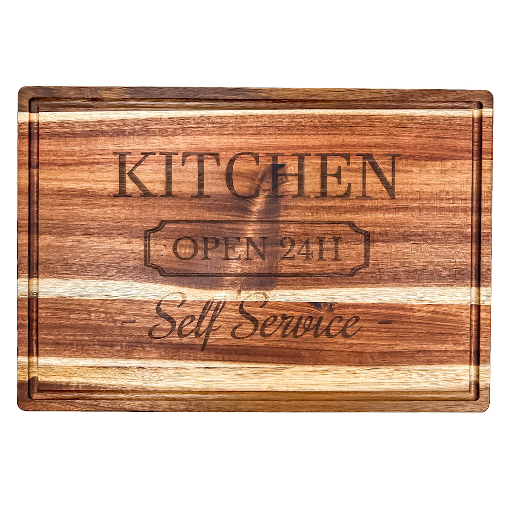 “Kitchen open 24H self service” Engraved Cutting Board with Juice Groove  – 38×26 cm | TESS