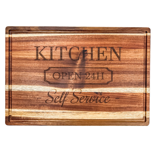 “Kitchen open 24H self service” Engraved Cutting Board with Juice Groove  – 38×26 cm | TESS