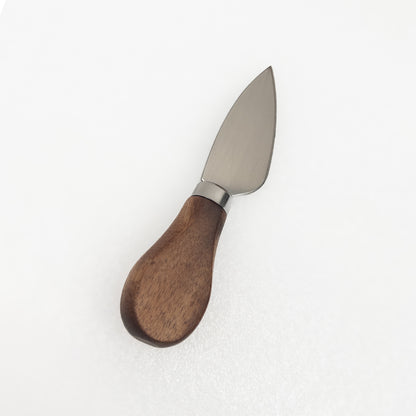 Cheese knife with an acacia wooden handle on a white background