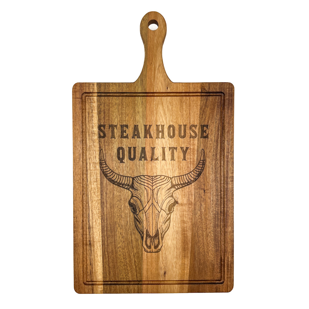 "Steakhouse Quality" Engraved Serving Board with Handle & Juice Groove – 30×23 cm | WEST
