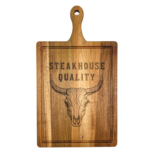 "Steakhouse Quality" Engraved Serving Board with Handle & Juice Groove – 30×23 cm | WEST