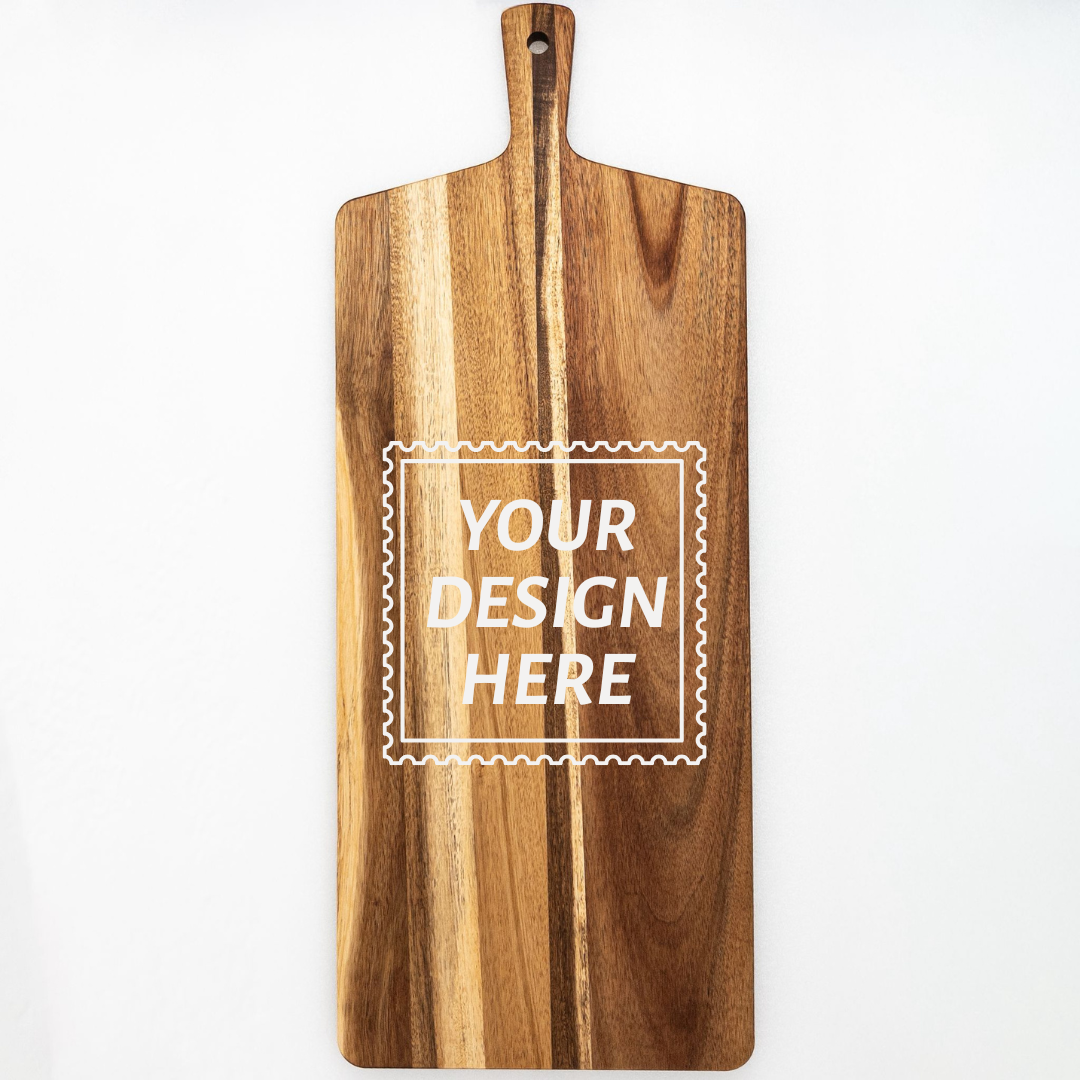 Wooden cutting board with 'Your Design Here' text on a white background