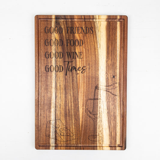 Wooden cutting board with engraved text and wine glass design on a white background