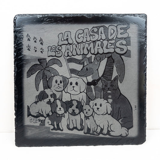 VIVERA custom laser engraved slate photo tile featuring detailed pet portrait, personalized photo engraving on natural slate, handmade in Spain, perfect for unique pet memorial or keepsake gift.